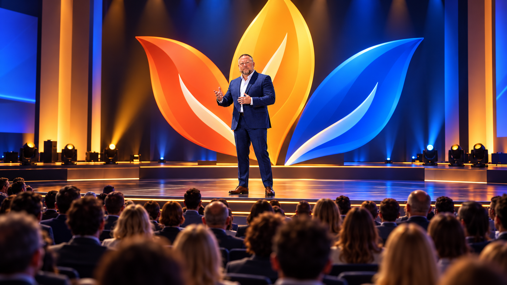 Brian A. Lloyd speaking on stage in front of the three Gratituned petals
