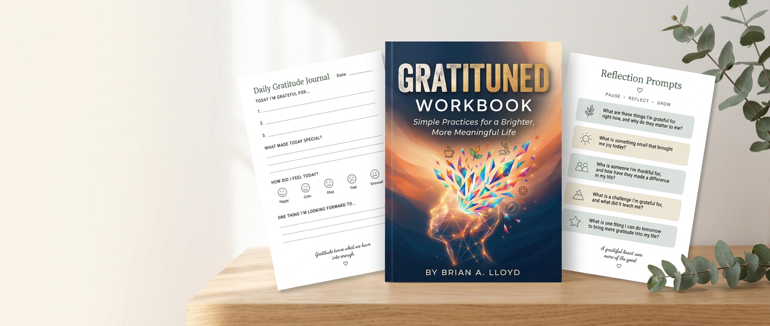 Gratituned Workbook with daily journal and reflection prompt pages on a wooden desk