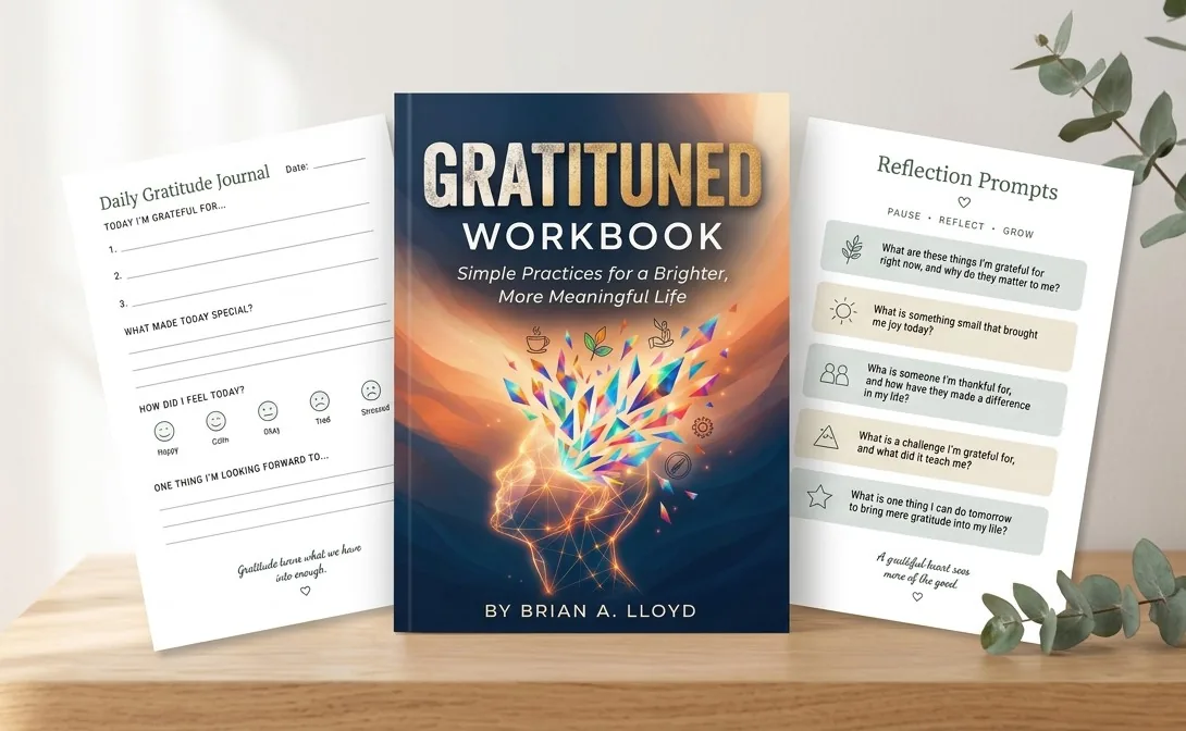 Gratituned Workbook with daily journal and reflection prompt pages on a wooden desk