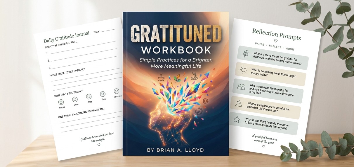 Gratituned Workbook with daily journal and reflection prompt pages on a wooden desk